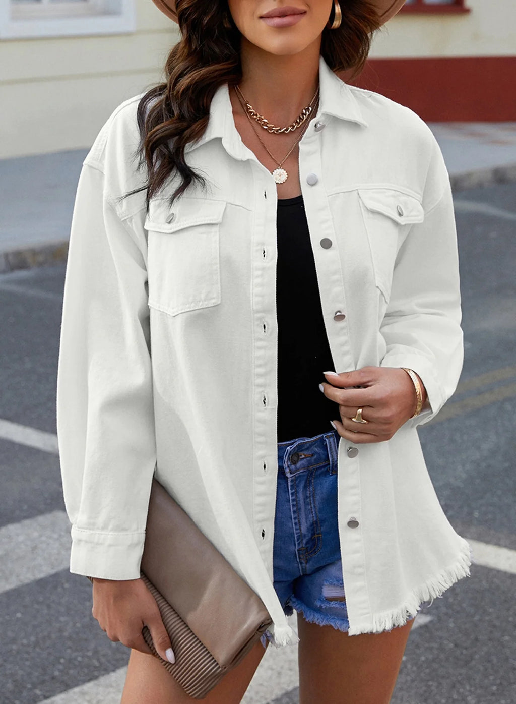 Denim Jacket for Women Long Sleeve Boyfriend Jean Jacket Loose Coat White XL Female