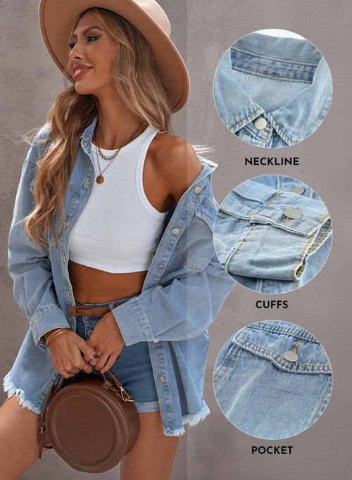 Denim Jacket for Women Long Sleeve Boyfriend Jean Jacket Loose Coat White XL Female