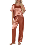 Womens Silk Satin Pajama Set Short Sleeve Shirt with Long Pajamas Pant Set Two-Piece Pj Sets Soft Sleepwear Loungewear Nightwear Pjs S-XL, Caramel, XXL